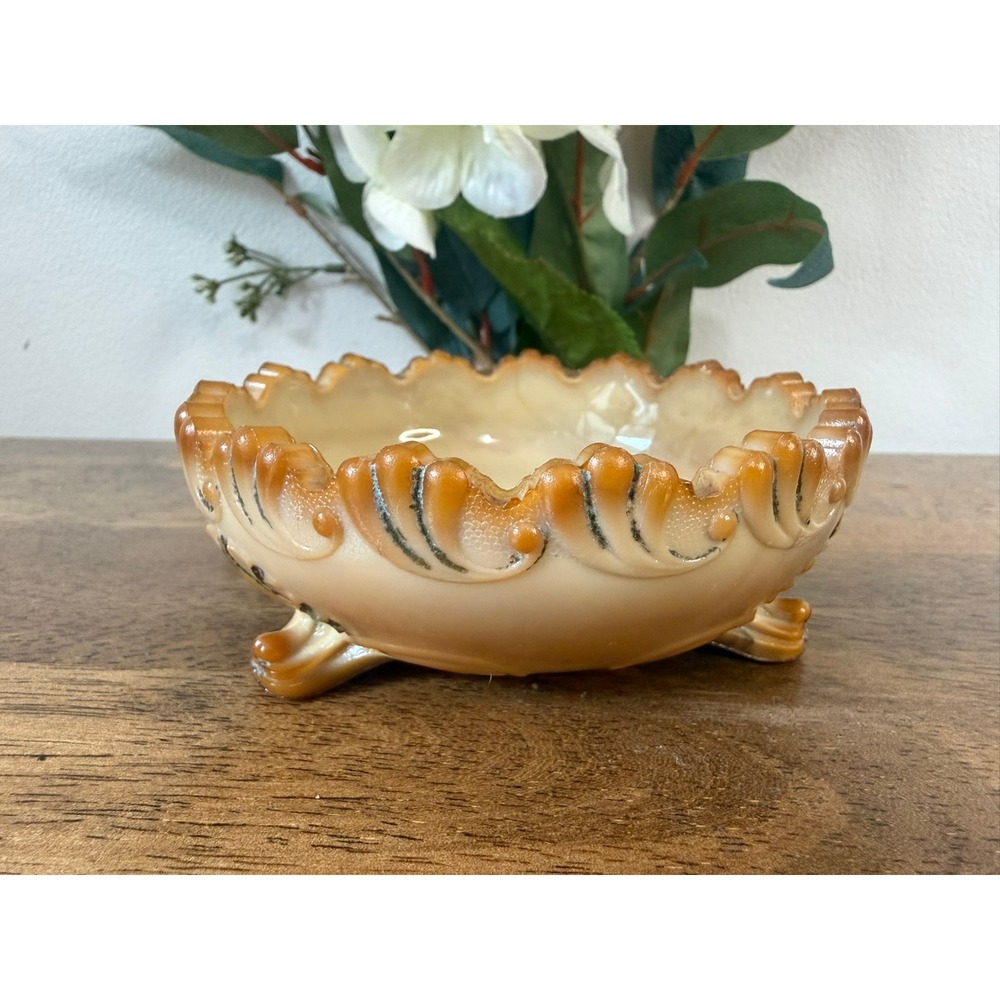 Vintage Slag Glass Footed Bowl Caramel Brown Cream‎ Swirl Decorative Dish Decor